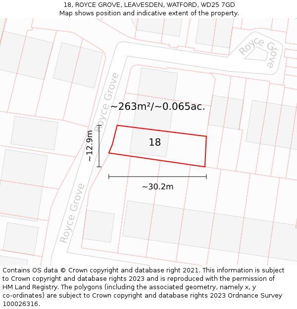 18, ROYCE GROVE, LEAVESDEN, WATFORD, WD25 7GD: Plot and title map