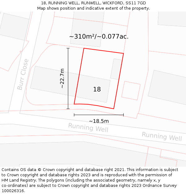 18, RUNNING WELL, RUNWELL, WICKFORD, SS11 7GD: Plot and title map