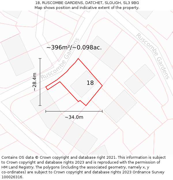 18, RUSCOMBE GARDENS, DATCHET, SLOUGH, SL3 9BG: Plot and title map