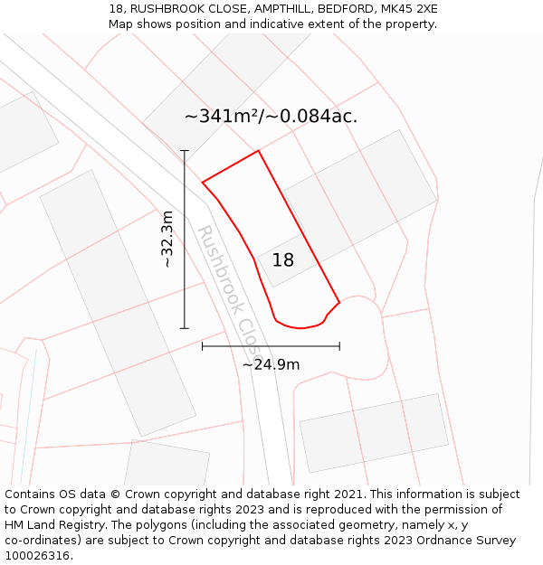 18, RUSHBROOK CLOSE, AMPTHILL, BEDFORD, MK45 2XE: Plot and title map