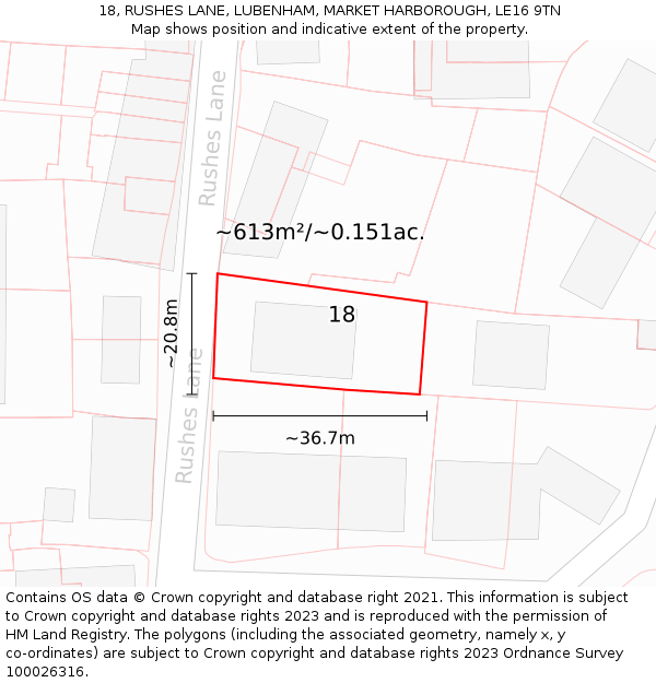 18, RUSHES LANE, LUBENHAM, MARKET HARBOROUGH, LE16 9TN: Plot and title map