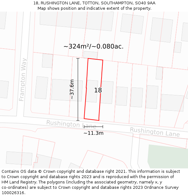 18, RUSHINGTON LANE, TOTTON, SOUTHAMPTON, SO40 9AA: Plot and title map