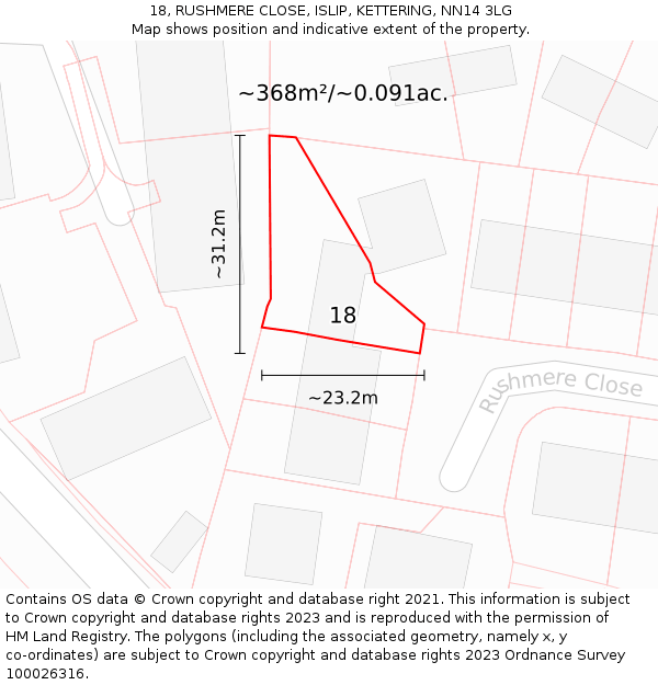 18, RUSHMERE CLOSE, ISLIP, KETTERING, NN14 3LG: Plot and title map