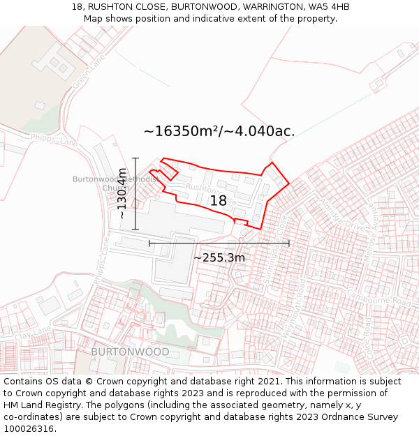 18, RUSHTON CLOSE, BURTONWOOD, WARRINGTON, WA5 4HB: Plot and title map