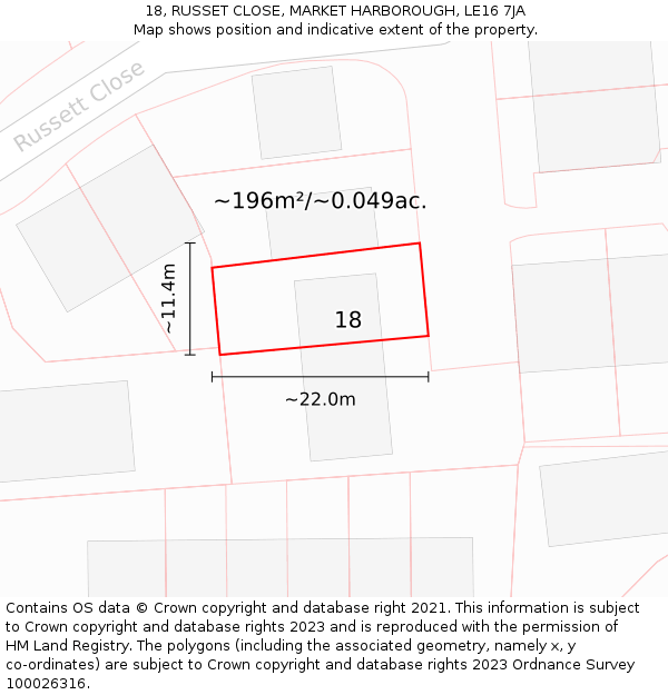18, RUSSET CLOSE, MARKET HARBOROUGH, LE16 7JA: Plot and title map
