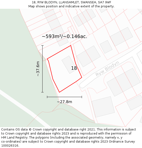 18, RYW BLODYN, LLANSAMLET, SWANSEA, SA7 9WF: Plot and title map