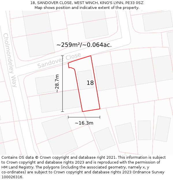 18, SANDOVER CLOSE, WEST WINCH, KING'S LYNN, PE33 0SZ: Plot and title map