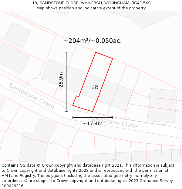 18, SANDSTONE CLOSE, WINNERSH, WOKINGHAM, RG41 5XS: Plot and title map