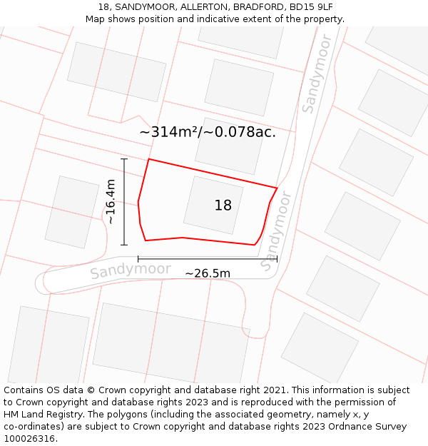 18, SANDYMOOR, ALLERTON, BRADFORD, BD15 9LF: Plot and title map