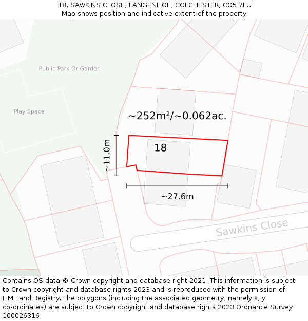 18, SAWKINS CLOSE, LANGENHOE, COLCHESTER, CO5 7LU: Plot and title map