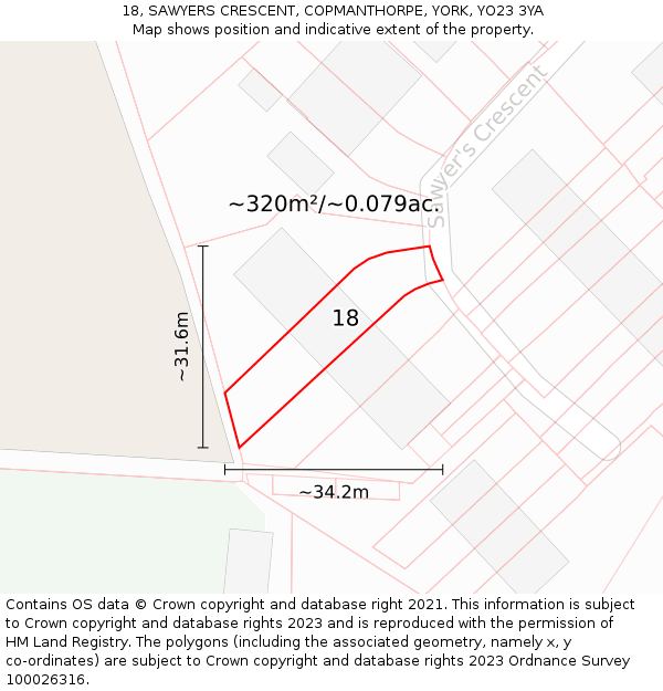 18, SAWYERS CRESCENT, COPMANTHORPE, YORK, YO23 3YA: Plot and title map