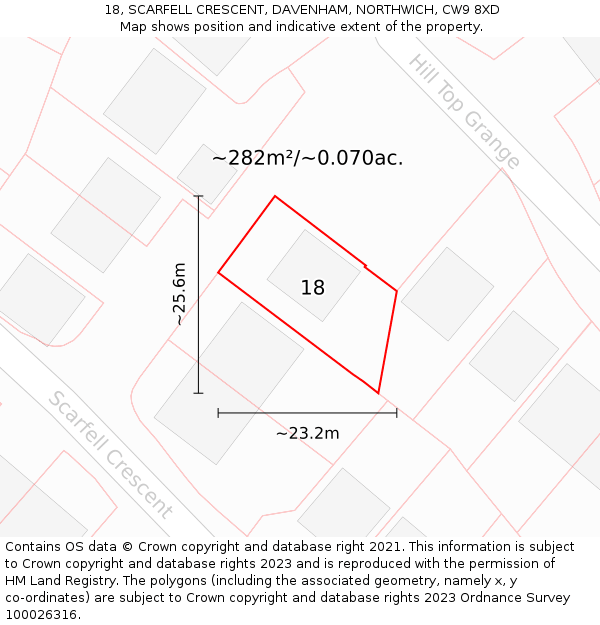 18, SCARFELL CRESCENT, DAVENHAM, NORTHWICH, CW9 8XD: Plot and title map