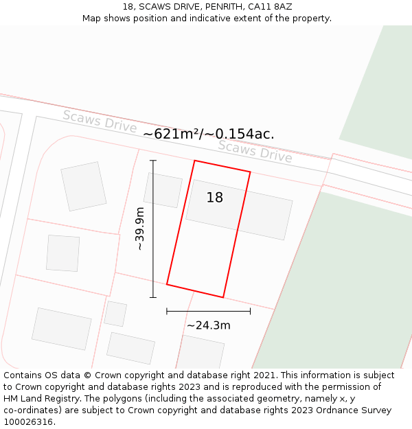 18, SCAWS DRIVE, PENRITH, CA11 8AZ: Plot and title map