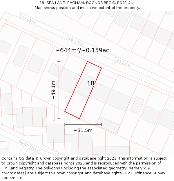 18, SEA LANE, PAGHAM, BOGNOR REGIS, PO21 4UL: Plot and title map