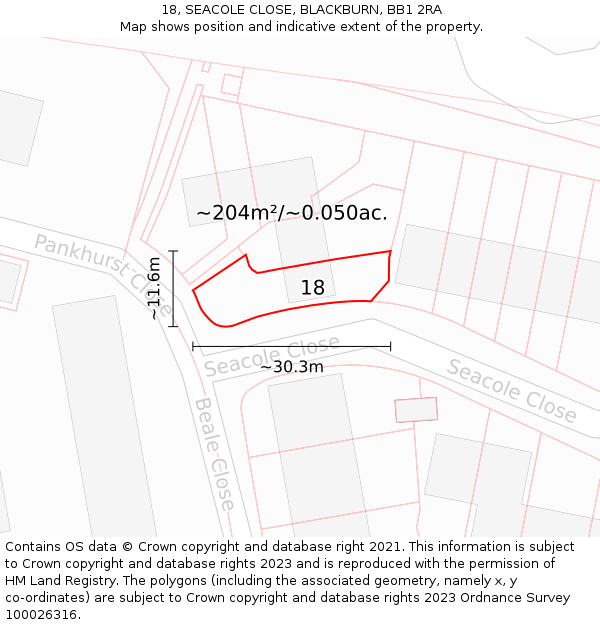 18, SEACOLE CLOSE, BLACKBURN, BB1 2RA: Plot and title map