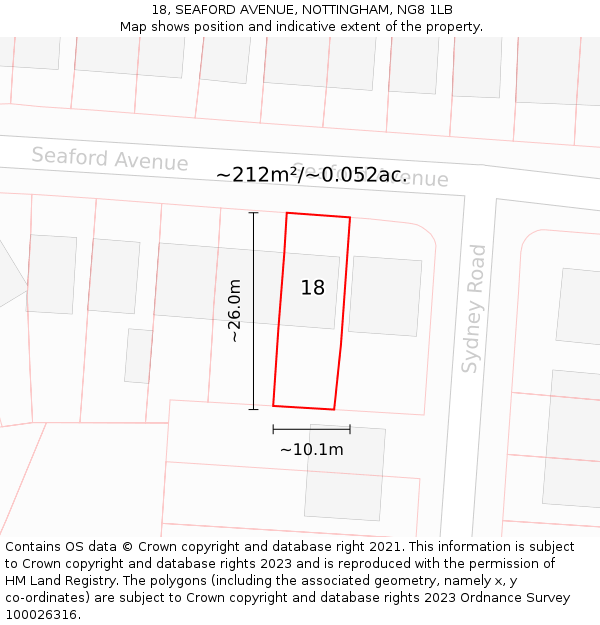 18, SEAFORD AVENUE, NOTTINGHAM, NG8 1LB: Plot and title map