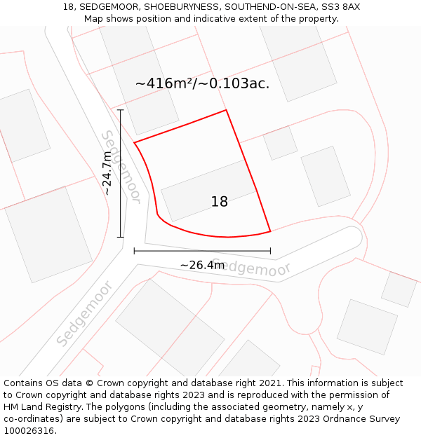 18, SEDGEMOOR, SHOEBURYNESS, SOUTHEND-ON-SEA, SS3 8AX: Plot and title map