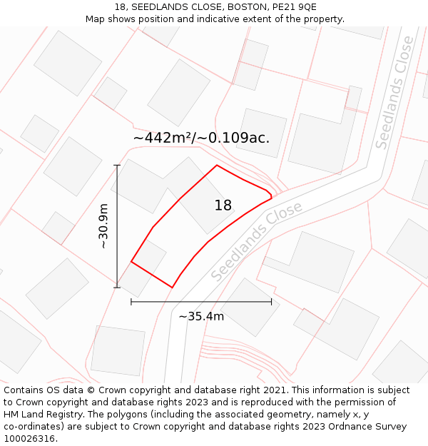 18, SEEDLANDS CLOSE, BOSTON, PE21 9QE: Plot and title map