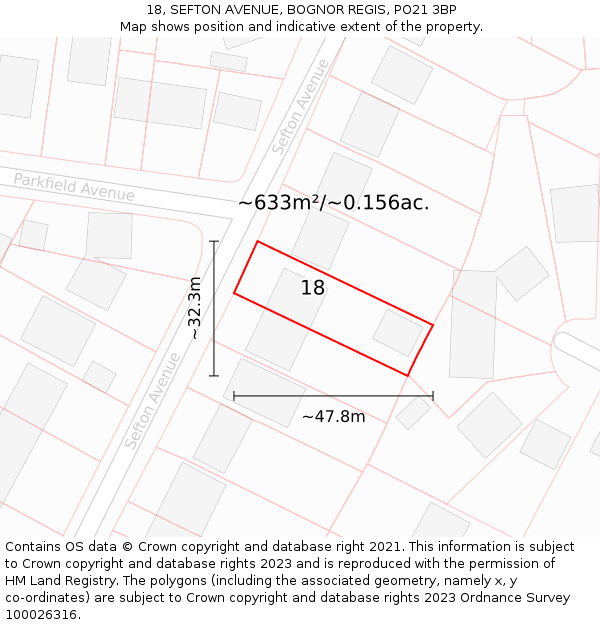 18, SEFTON AVENUE, BOGNOR REGIS, PO21 3BP: Plot and title map