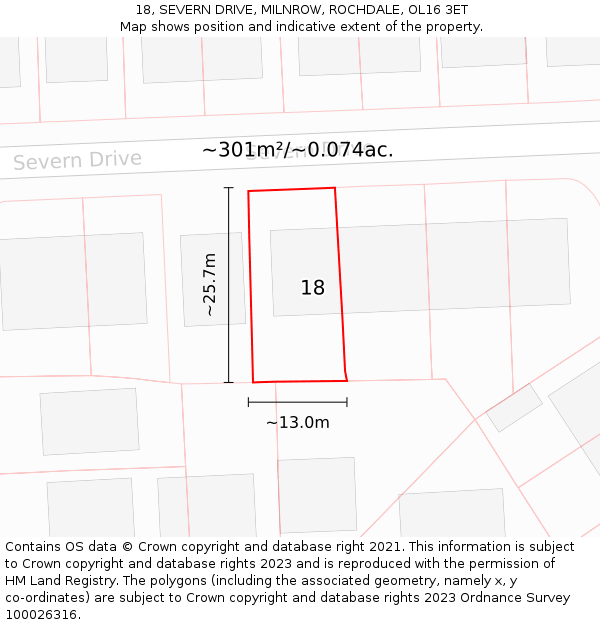 18, SEVERN DRIVE, MILNROW, ROCHDALE, OL16 3ET: Plot and title map