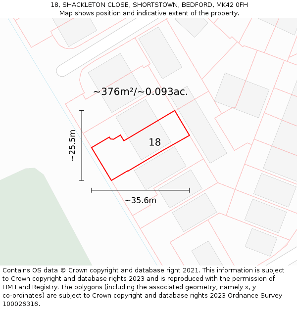 18, SHACKLETON CLOSE, SHORTSTOWN, BEDFORD, MK42 0FH: Plot and title map