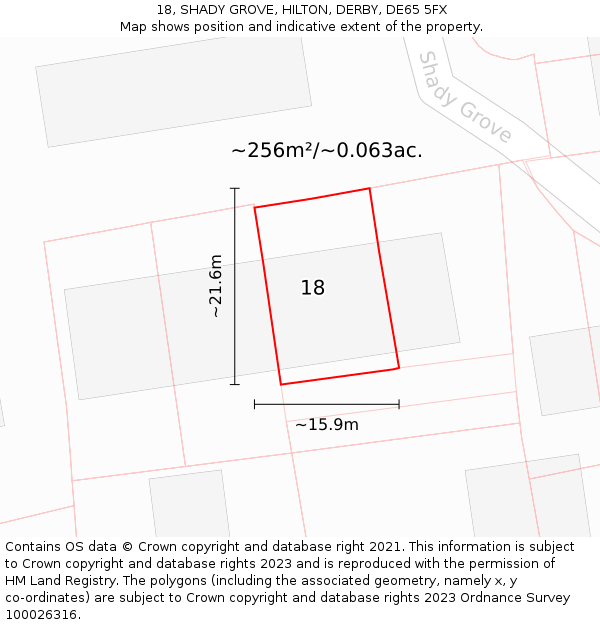 18, SHADY GROVE, HILTON, DERBY, DE65 5FX: Plot and title map