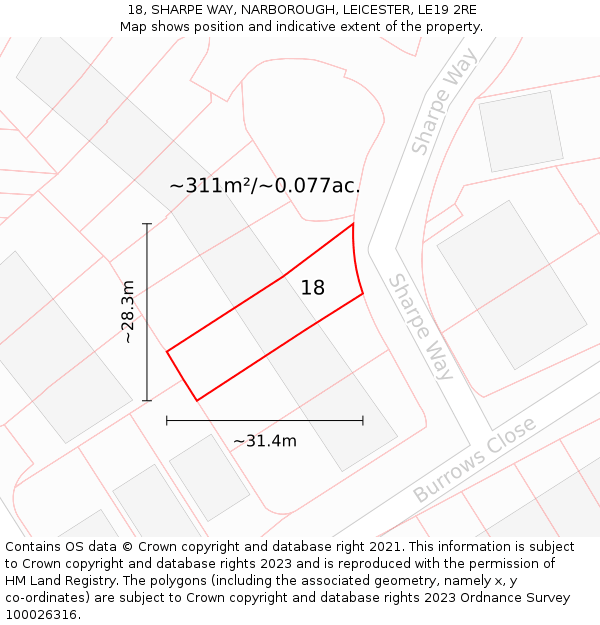 18, SHARPE WAY, NARBOROUGH, LEICESTER, LE19 2RE: Plot and title map