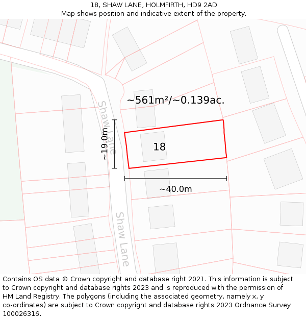 18, SHAW LANE, HOLMFIRTH, HD9 2AD: Plot and title map