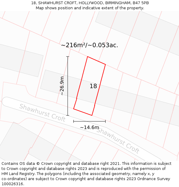 18, SHAWHURST CROFT, HOLLYWOOD, BIRMINGHAM, B47 5PB: Plot and title map