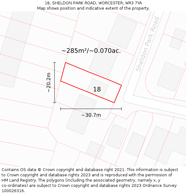 18, SHELDON PARK ROAD, WORCESTER, WR3 7YA: Plot and title map