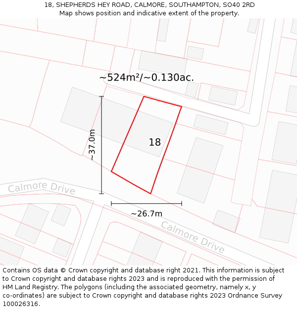 18, SHEPHERDS HEY ROAD, CALMORE, SOUTHAMPTON, SO40 2RD: Plot and title map