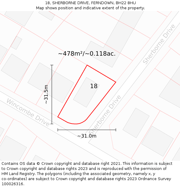 18, SHERBORNE DRIVE, FERNDOWN, BH22 8HU: Plot and title map