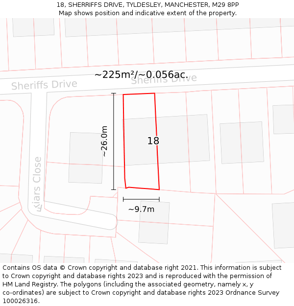 18, SHERRIFFS DRIVE, TYLDESLEY, MANCHESTER, M29 8PP: Plot and title map