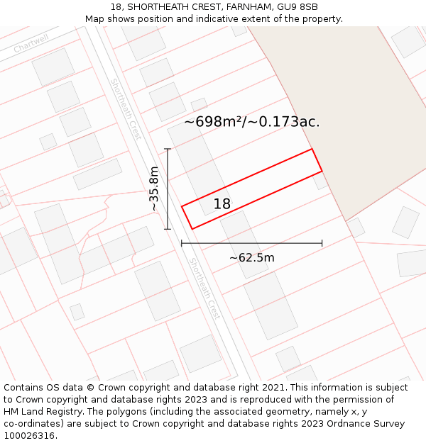 18, SHORTHEATH CREST, FARNHAM, GU9 8SB: Plot and title map