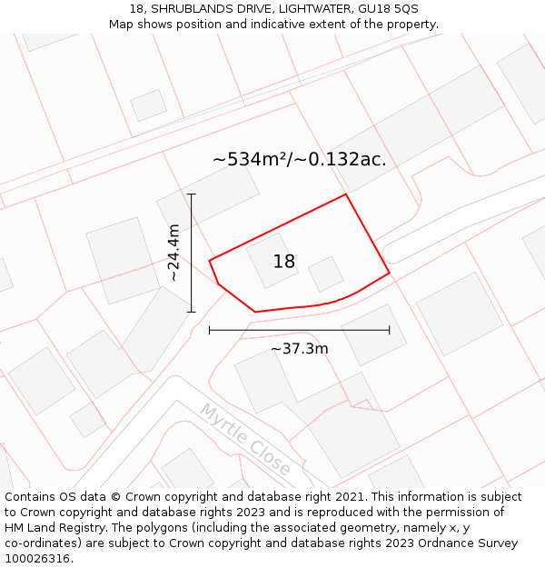 18, SHRUBLANDS DRIVE, LIGHTWATER, GU18 5QS: Plot and title map