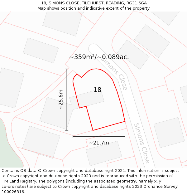 18, SIMONS CLOSE, TILEHURST, READING, RG31 6GA: Plot and title map