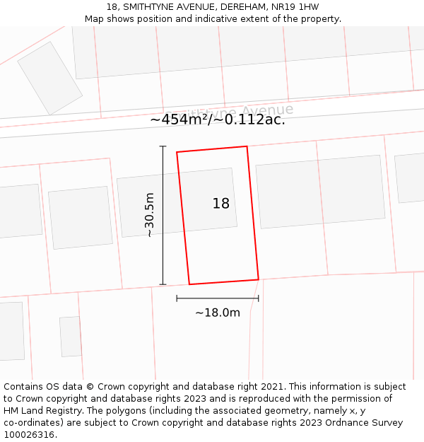 18, SMITHTYNE AVENUE, DEREHAM, NR19 1HW: Plot and title map