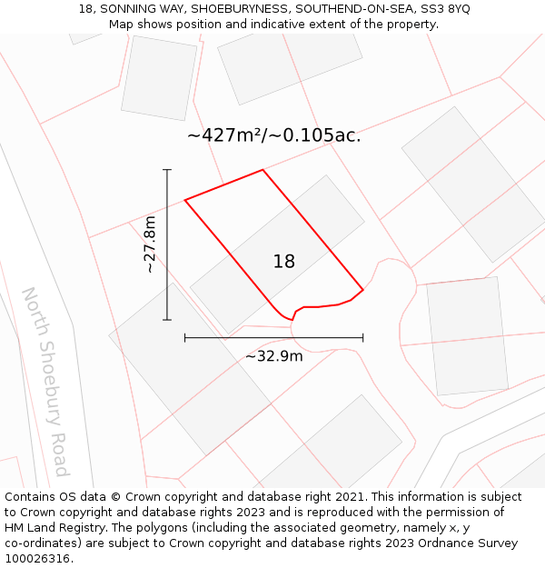 18, SONNING WAY, SHOEBURYNESS, SOUTHEND-ON-SEA, SS3 8YQ: Plot and title map