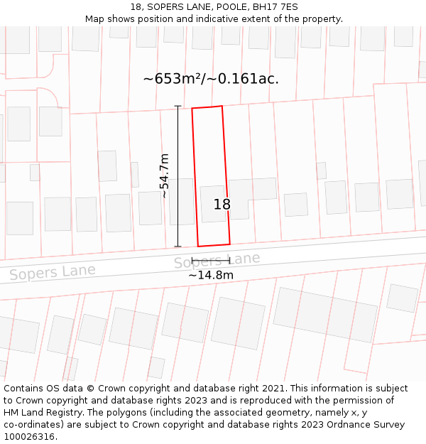 18, SOPERS LANE, POOLE, BH17 7ES: Plot and title map