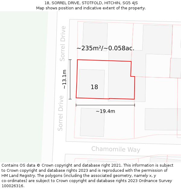 18, SORREL DRIVE, STOTFOLD, HITCHIN, SG5 4JS: Plot and title map