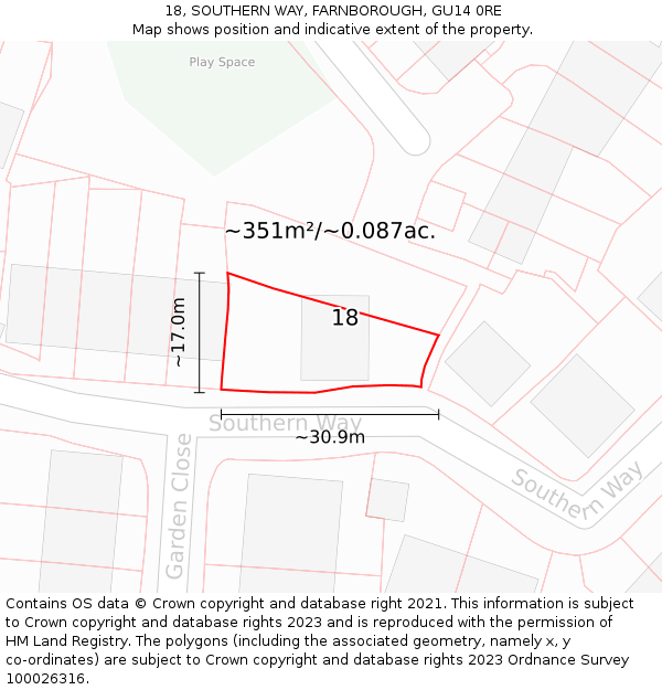 18, SOUTHERN WAY, FARNBOROUGH, GU14 0RE: Plot and title map