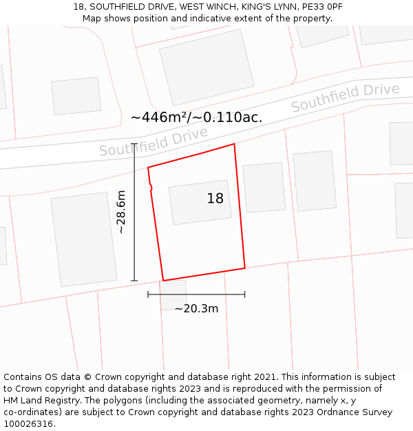 18, SOUTHFIELD DRIVE, WEST WINCH, KING'S LYNN, PE33 0PF: Plot and title map