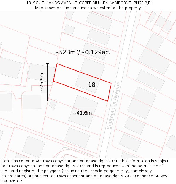 18, SOUTHLANDS AVENUE, CORFE MULLEN, WIMBORNE, BH21 3JB: Plot and title map