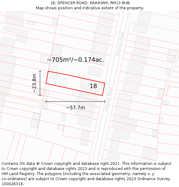 18, SPENCER ROAD, RAINHAM, RM13 8HB: Plot and title map