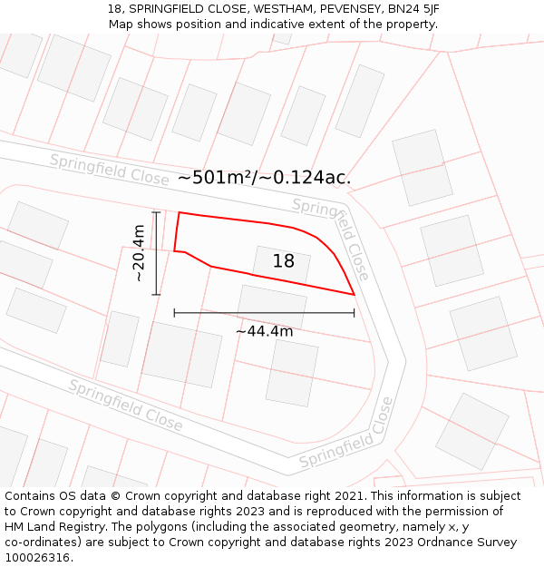 18, SPRINGFIELD CLOSE, WESTHAM, PEVENSEY, BN24 5JF: Plot and title map