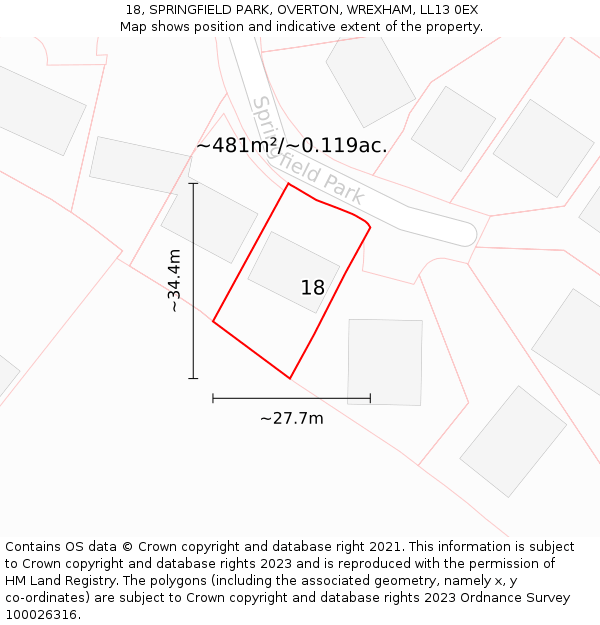 18, SPRINGFIELD PARK, OVERTON, WREXHAM, LL13 0EX: Plot and title map