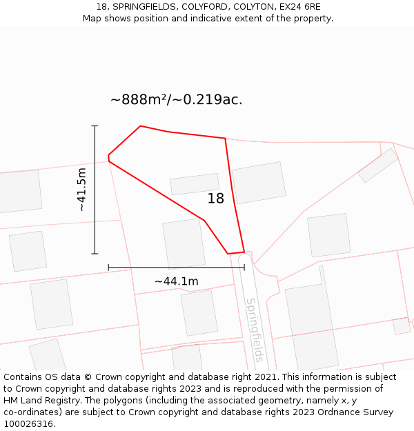 18, SPRINGFIELDS, COLYFORD, COLYTON, EX24 6RE: Plot and title map