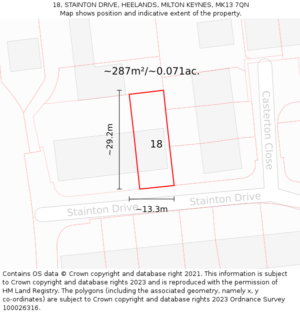 18, STAINTON DRIVE, HEELANDS, MILTON KEYNES, MK13 7QN: Plot and title map