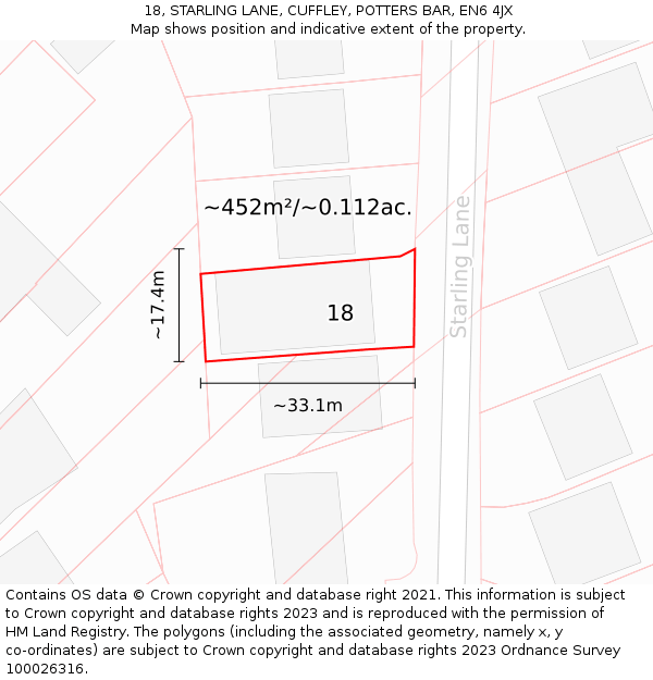 18, STARLING LANE, CUFFLEY, POTTERS BAR, EN6 4JX: Plot and title map