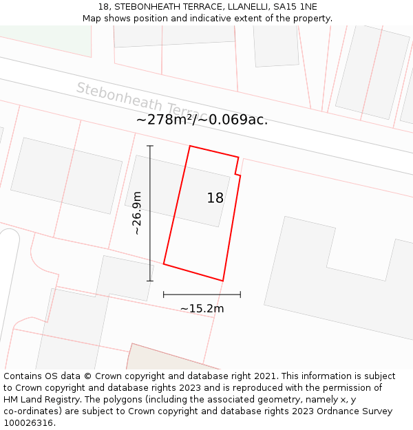 18, STEBONHEATH TERRACE, LLANELLI, SA15 1NE: Plot and title map